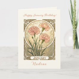 January Birth Flower Pink Carnations Art Nouveau S カード