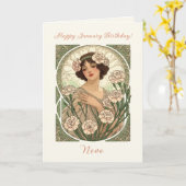 January Birth Flower Pink Dianthus Art Nouveau Sty カード (黄色い花)