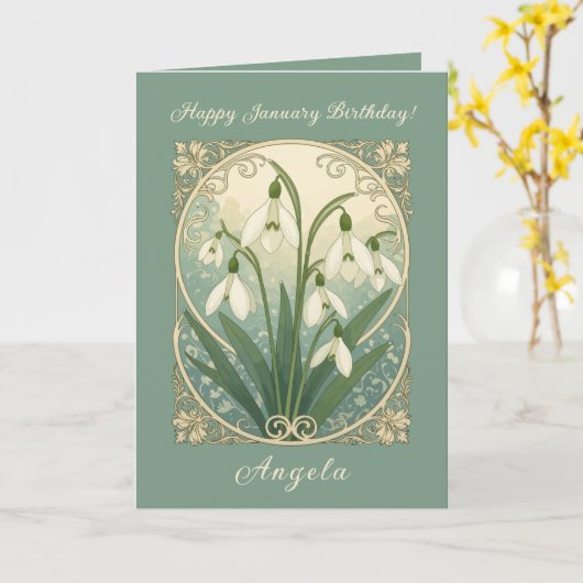 January Birth Flower White Snowdrop Flowers Art No カード (黄色い花)