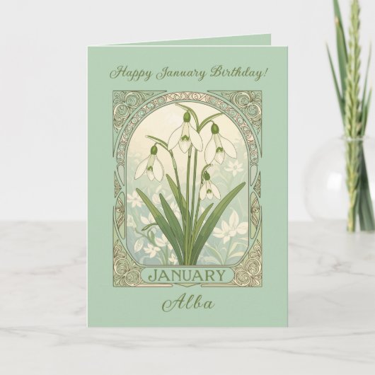 January Birthday Galanthus Flowers Art Nouveau Sty カード (正面)