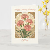 January Birthday Pink Carnation Flowers Art Nouvea カード (黄色い花)
