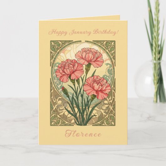 January Birthday Pink Carnations Art Nouveau Style カード (正面)