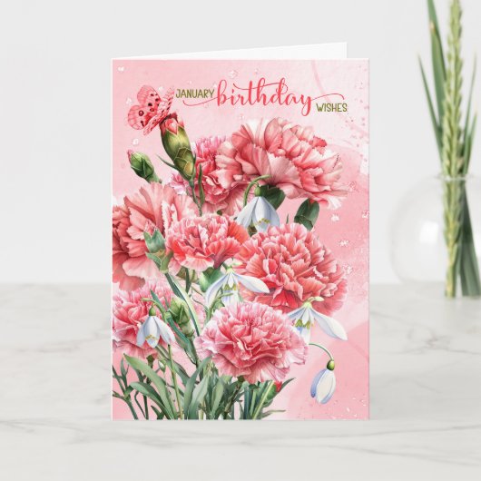 January Birthday Pink Carnations with Snowdrops カード (正面)