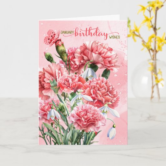 January Birthday Pink Carnations with Snowdrops カード (黄色い花)