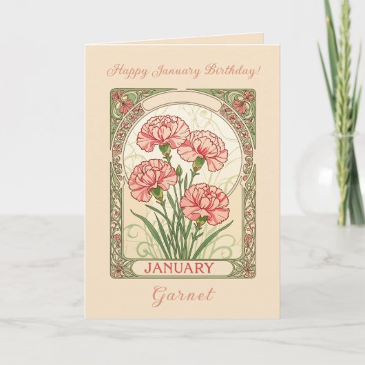 January Birthday Pink Dianthus Art Nouveau Style カード (正面)