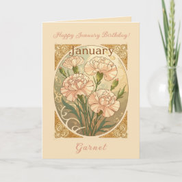 January Birthday Pink Dianthus Flowers Art Nouveau カード
