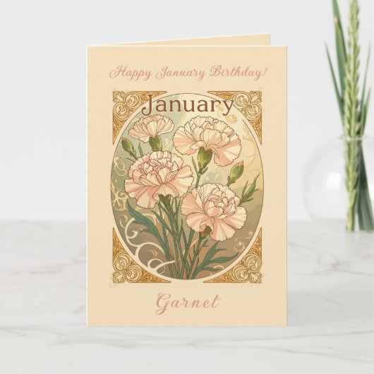 January Birthday Pink Dianthus Flowers Art Nouveau カード (正面)