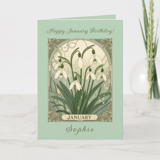 January Birthday Snowdrop Flowers Art Nouveau Styl カード (正面)