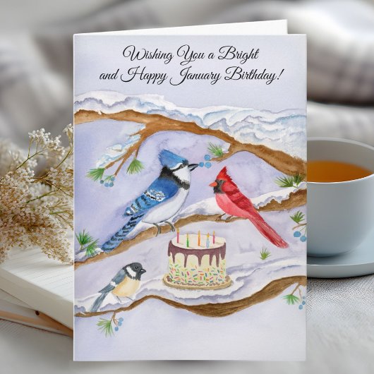 January Birthday with Backyard Birds and Cake カード