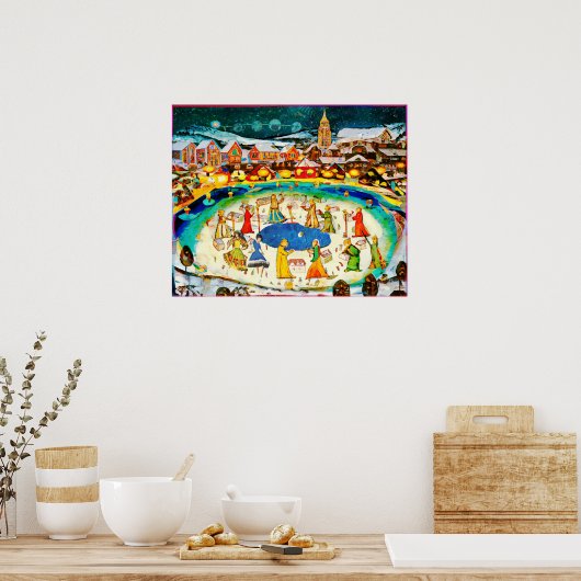 January Naive Folk Art Winter Night ポスター (キッチン)