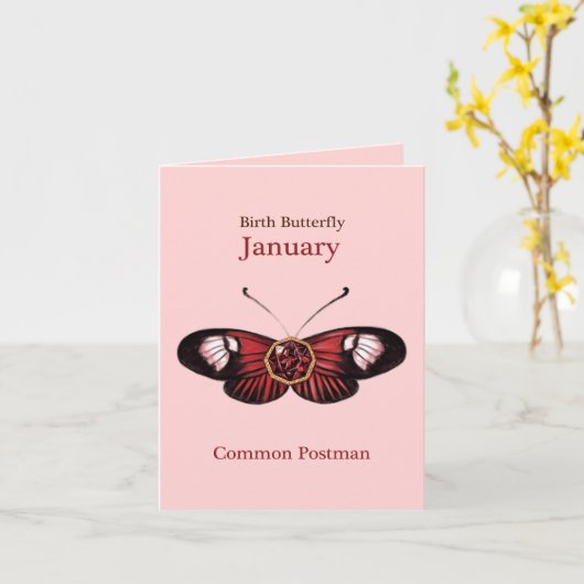 January Red Common Postman Butterfly Illustration カード (黄色い花)