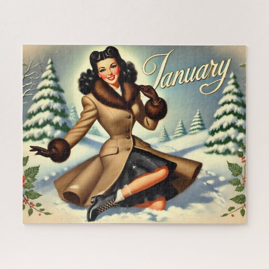 January Vintage Winter Brunette Pin-up ジグソーパズル (横)