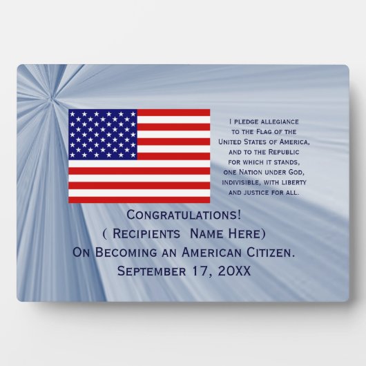 JanzによるDate付き米国市民権旗賞 フォトプラーク (正面)