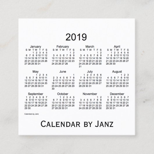 Janzの正方形の名刺による2019の白のカレンダー スクエア名刺 (正面)