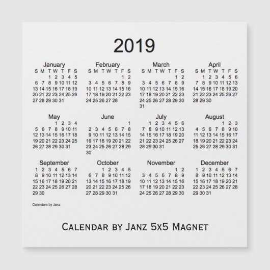 Janz 5x5の磁石による2019の白の煙のカレンダー (正面)