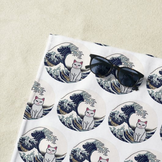Japan Art Cat Wave Embroidered Design - Custom ビーチタオル (インサイチュ)