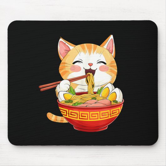 Japan Cat Eating Ramen Noodle Kawaii Anime Style マウスパッド (正面)