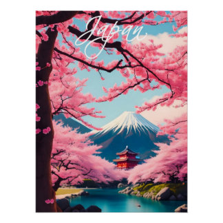 Japan Cherry Blossom at Mount Fuji Travel Poster ポスター