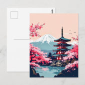 Japan Cherry Blossoms and Pagoda with Mount Fuji ポストカード (正面/裏面)