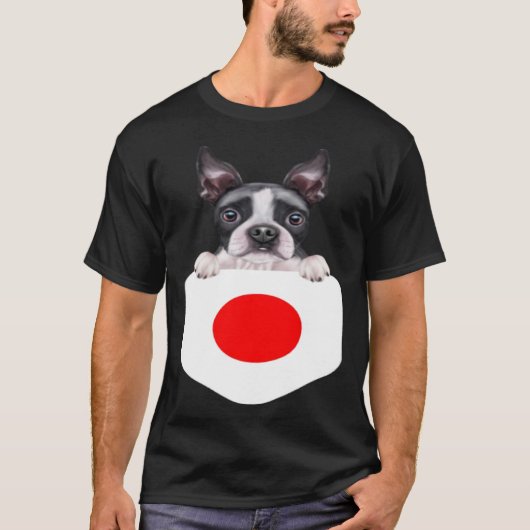 Japan Flag Boston Terrier Dog In Pocket Tシャツ (正面)