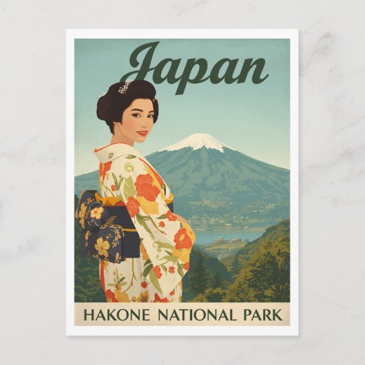 Japan Hakone Fuji Kimono Retro ポストカード (正面)