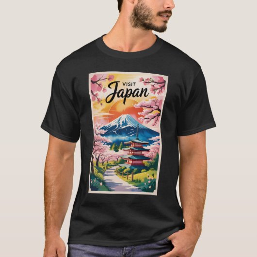 Japan Mount Fuji Illustration Travel Art Vintage Tシャツ (正面)