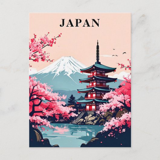 Japan Mount Fuji, Pagoda, and Cherry Blossom ポストカード (正面)
