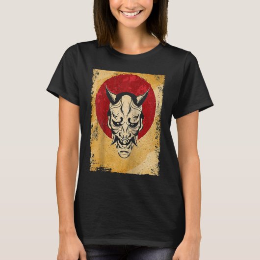 Japan Oni Mask Fighter Japanese Retro Raglan Tシャツ (正面)