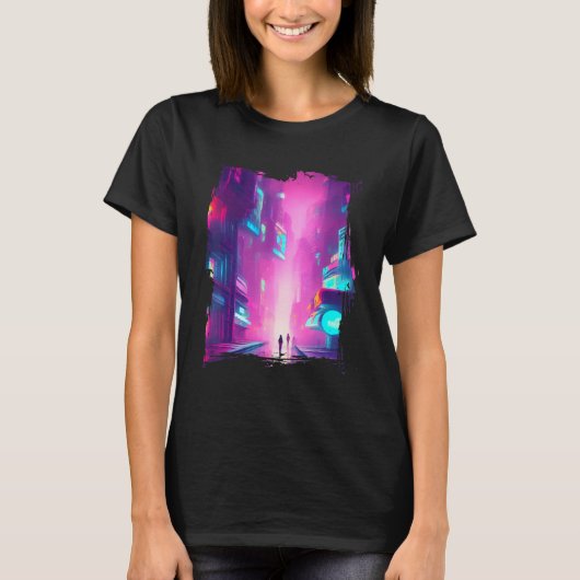 Japan Pink Blue Lights Vaporwave City Tシャツ (正面)