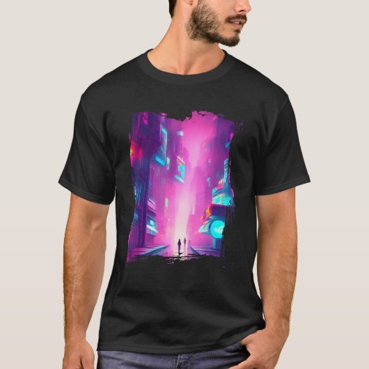 Japan Pink Blue Lights Vaporwave City Tシャツ (正面)