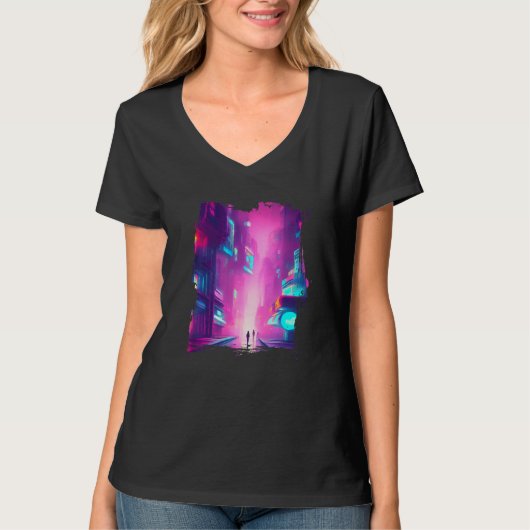 Japan Pink Blue Lights Vaporwave City Tシャツ (正面)
