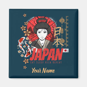 Japan Vintage Geisha with Flag Koi and Lotus Souve マグネット