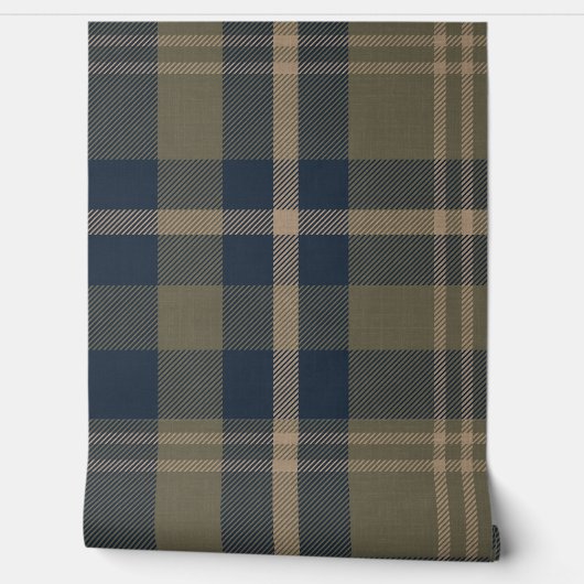 Japandi Farmhouse Plaid in Navy and Olive 壁紙 (ほどく)