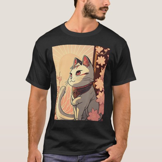 Japanese Aesthetic Cute cat japan Sakura Cherry Bl Tシャツ (正面)