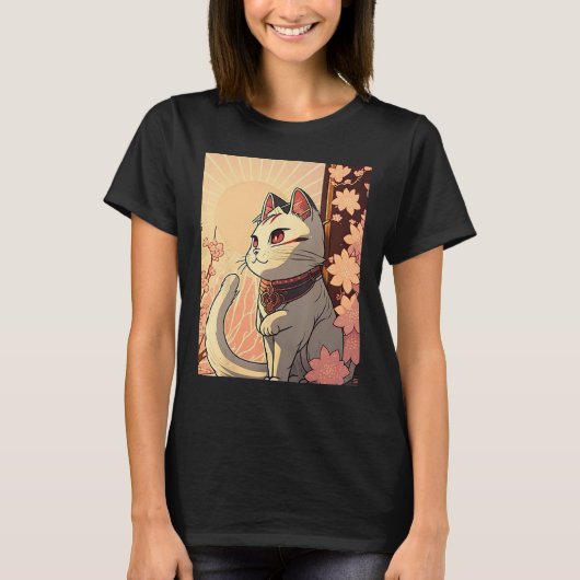 Japanese Aesthetic Cute cat japan Sakura Cherry Bl Tシャツ (正面)