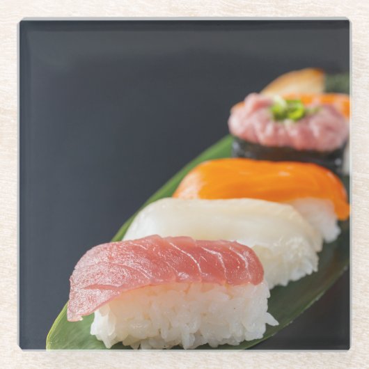 Japanese aesthetics - Assorted sushi on a black ba ガラスコースター (正面)