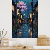 Japanese Alley Rain Night Cozy Anime Blossom urban ポスター (キッチン)