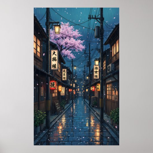 Japanese Alley Rain Night Cozy Anime Blossom urban ポスター (正面)
