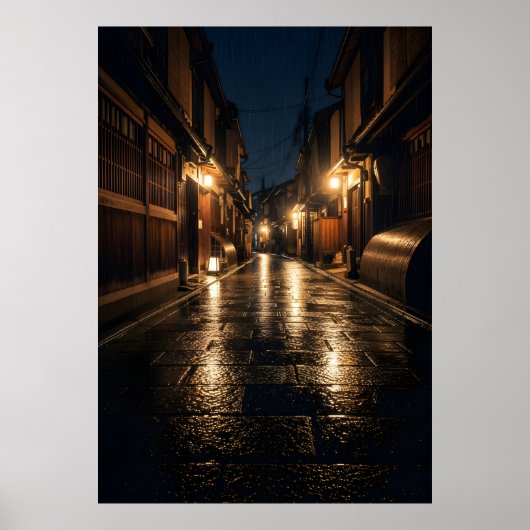 Japanese Alley Rain Night Photography Kyoto Street ポスター (正面)