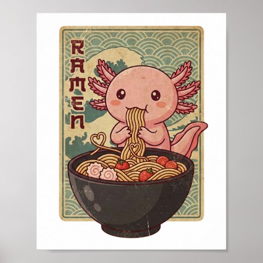 Japanese Anime Axolotls Ramen Black Axolotl Eating ポスター (正面)