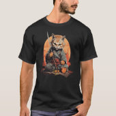 Japanese anime kawaii cat samurai ninja drinking t tシャツ (正面)