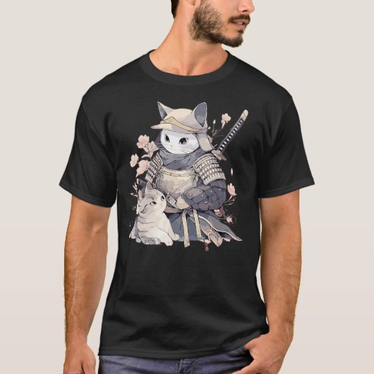 Japanese Art Cat Ninja Ukiyo-e Anime Style Samurai Tシャツ (正面)