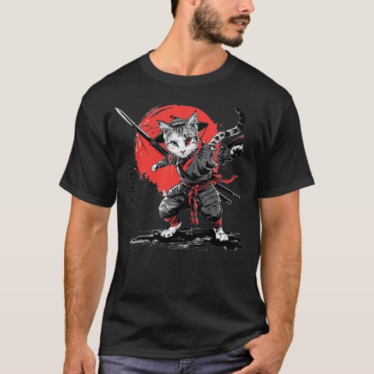 Japanese Art Cat Ninja Ukiyo-e Anime Style Samurai Tシャツ (正面)