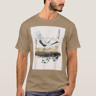 Japanese Art Crane Bird Cherry Blossom Woodblock J Tシャツ
