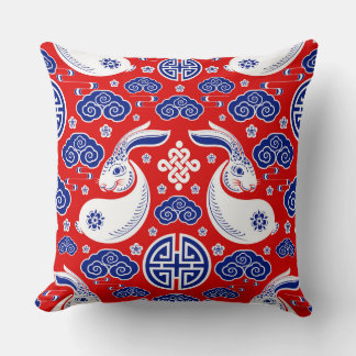 Japanese Art Rabbit Red, Blue Throw Pillows クッション