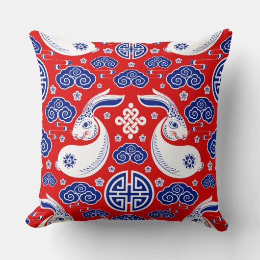 Japanese Art Rabbit Red, Blue Throw Pillows クッション (正面)