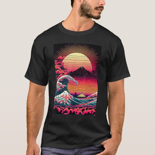 Japanese Art Ukiyo-e Style Retrowave Great Wave Of Tシャツ (正面)