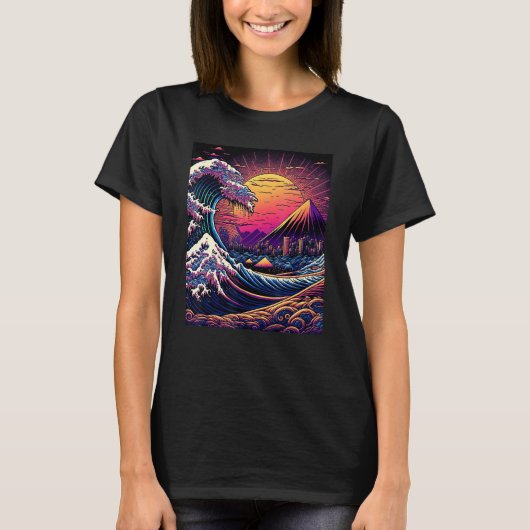 Japanese Art Ukiyo-e Style Retrowave Great Wave Of Tシャツ (正面)