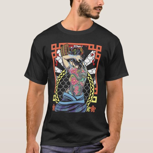 Japanese Artwork Geisha Snake Flower Tシャツ (正面)