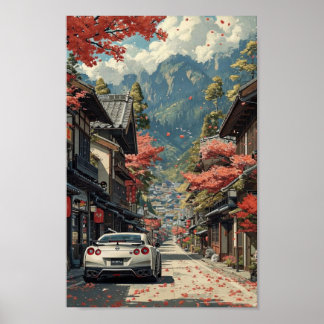 Japanese Autumn Street with Sports Car Poster ポスター